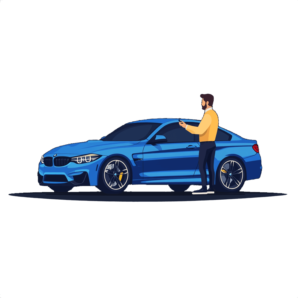 Auction Management illustration showing a person with a mobile device next to a blue BMW