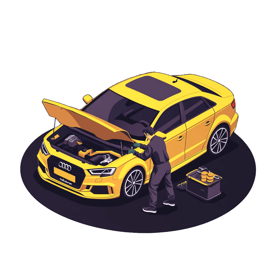 Recon and Inventory Management illustration showing a mechanic inspecting a yellow Audi