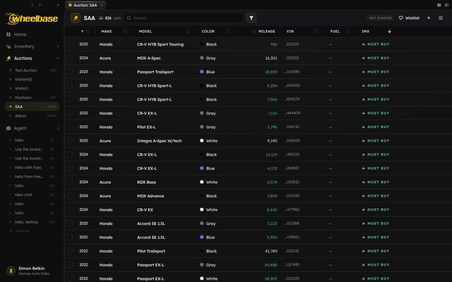 Wheelbase auction run list with every vehicle graded by IMX