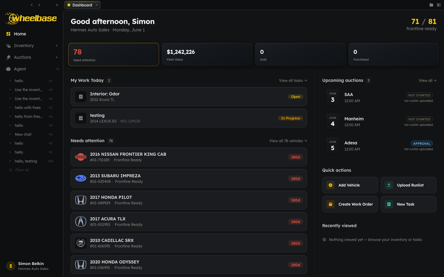 Wheelbase dashboard with inventory synced from a connected DMS