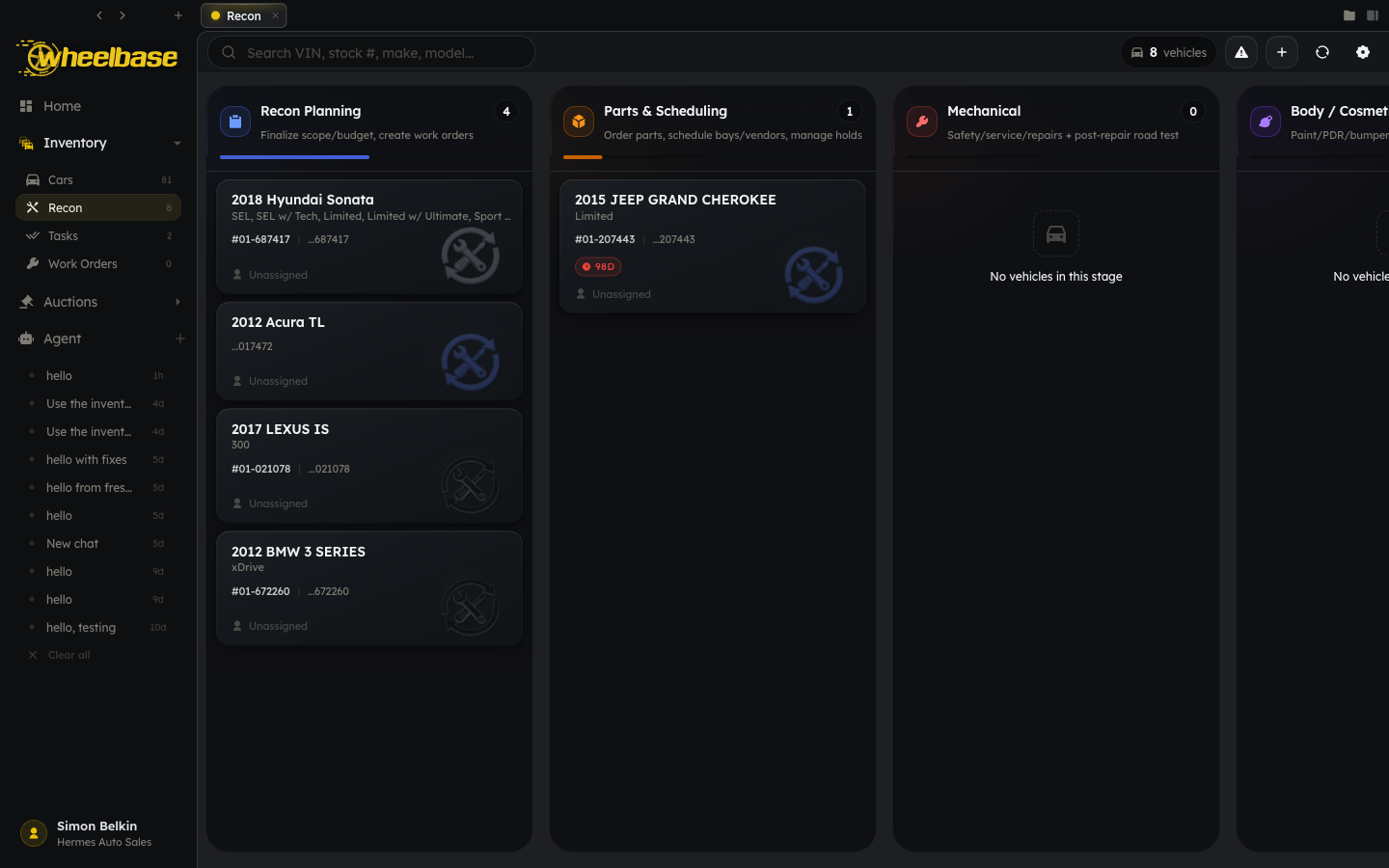 Vehicle reconditioning workflow board in Wheelbase